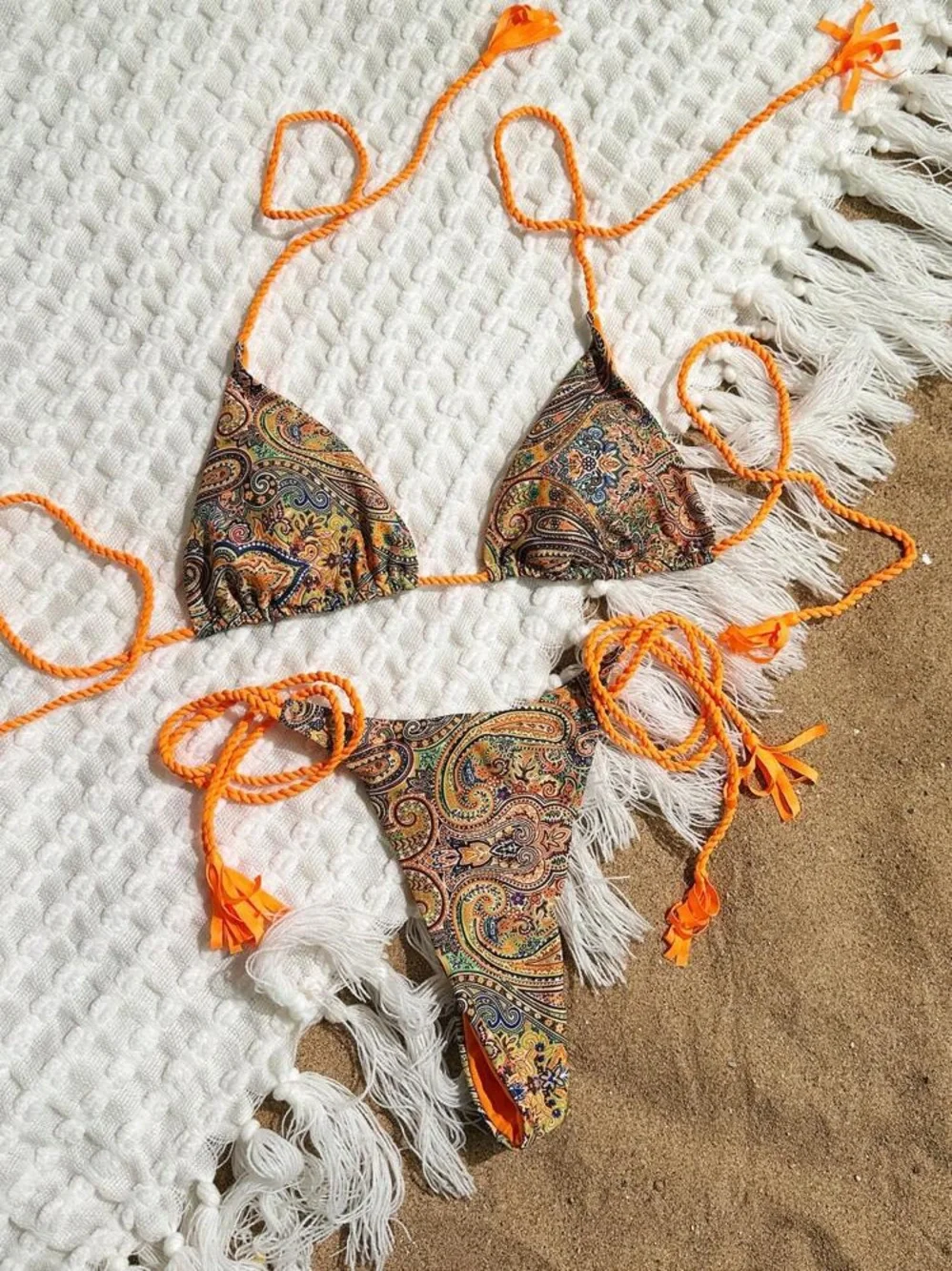 SHEIN Orange-Paisley Triangle String Bikini